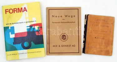 3 db könyv: Schlömilch Oszkár: Ötjegyű logar- és háromszögtani táblázatok. Bp., 1893, Kilián Frigyes. Kopott, szakadozott gerincű kartonált papírkötésben, hátsó borítója hiányzik, egyébként jó állapotban.; Hoffmann, Alfred E.: Neue Wege der Fernsprech-Nebenstellentechnik. Berlin, 1932, Mix & Genest AG. Papírkötésben, jó állapotban.; Dózsa Farkas András, Németh Aladár: Szín- és formatervezés a gépiparban. II. köt. Bp., 1966, KGM MTTI. Kartonált papírkötésben, jó állapotban.