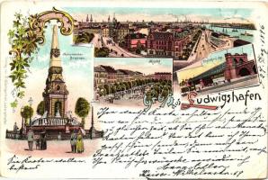 1896 Ludwigshafen, Markt, Rheinbrücken, Monumental-Brunnen / market, bridge, fountain, Art Nouveau litho (small tear)