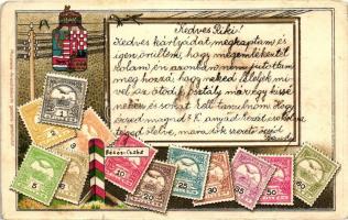 A Magyar kir. Posta bélyegei, címer, fecskék villanypóznán / Set of Hungarian stamps, coat of arms, swallows, Philatelie Ansichtskarte litho (small tear)