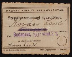 1937 Bp., Magyar Királyi Államvasutak által kiállított fényképes személyazonossági igazolójegy