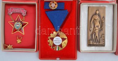 Kis doboznyi vegyes szocialista kitüntetés, jelvény, emlékérem, közte ~1970. "Kiváló Szövetkezeti Munkáért" zománcozott kitüntetés dísztokban, szalagsávval miniatűrrel, ~1970. "Felszabadulási Jubileumi Emlékérem" aranyozott, zománcozott Br kitüntetés mellszalagon szalagsávval, miniatűrrel dísztokban, 1992. "1. Budapesti Fegyver, Horgász és Vadászkiállítás / VEFAG - Tatabánya" fém emlékérem (42,5mm) T:vegyes