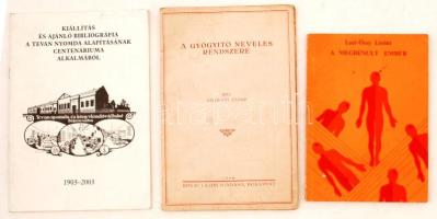 2 db gyógyászati tematikájú könyv: Vértes O. József: A gyógyító nevelés rendszere. Bp., 1940, Kókai Lajos. A szerző üdvözlő soraival és dedikációjával. Papírkötésben, jó állapotban.; Leel-Őssy Lóránt: A megbénult ember (remények és esélyek agyi érbetegségeknél). h. n., 1988, Statisztikai Kiadó. A szerző üdvözlő soraival és dedikációjával. Papírkötésben, jó állapotban.; + 1 db egyéb könyv: Kiállítás és ajánló bibliográfia a Tevan Nyomda alapításának centenáriuma alkalmából. Összeáll.: Füzesiné Hudák Julianna. Gyomaendrőd, 2003, Kner. Papírkötésben, jó állapotban.