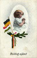 WWI New year, praying child, Austro-Hungarian flags
