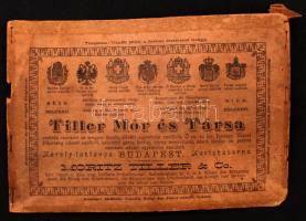 cca 1900 Tiller Mór és Társa egyenruha-kereskedő, császári és királyi udvari szállító, valamint több más (görög, szerb, perzsa) uralkodó udvari szállítója magyar és német nyelvű reklámtáblája, karton, kicsit vetemedett, kis szakadásokkal