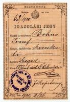 1900 Szeged, Bohn József kereskedő számára kiállított igazolási jegy / ID