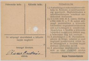 1946. 100.000AP nem kamatozó Pénztárjegy "Másra Át Nem Ruházható" lyukasztással érvénytele...