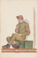 A levélírás előmunkálatai / Hungarian WWII art postcard s: Stélik L.