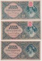 1945. 1000P (3x) eltérő árnyalatú alapnyomatok, kettő piros "MNB" bélyeggel, egyik bélyeg hibás T:II-,III