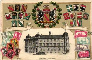 Bruchsal, Schulhaus / school, coat of arms, stamps Emb. litho  (cut)