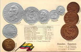 Ecudaor, Équateur - Set of coins, currency exchange chart Emb. litho
