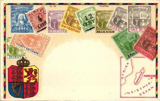 Mauritius - set of stamps, Ottmar Ziehers Carte Philatelique No. 88. litho