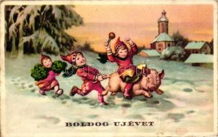 New Year, pig riding children, clovers, Pittius