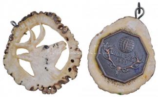 1971. "Vadászati Világkiállítás Budapest" Br és csont medál + Szarvasfejet ábrázoló csont ...