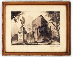 Olvashatatlan jelzéssel: Old Church Tower and Captain John Smith Monument, Jamestown, Virginia. Rézkarc, jelzett, papír, jelzett, üvegezett fa keretben, 16×24,5 cm