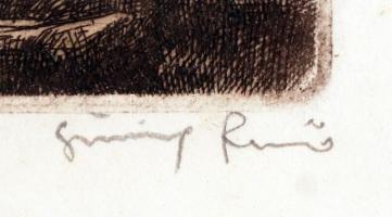 Görög Rezső (1930- ): Halászkikötő, színezett rézkarc, papír, jelzett, üvegezett fa keretben, 29,5×3...