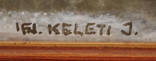 ifj. Keleti Jenő (1943-1999): Téli fények. Olaj, farost, jelzett, üvegezett keretben, 50×40 cm