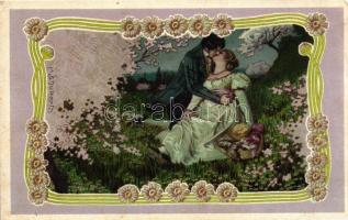 Kissing romantic couple, floral Art Nouveau litho s: H. Schubert (EM)