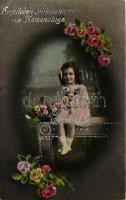 Name day, little girl with flowers, silver decoration (fl)