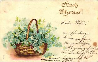 Hoch Therese! / Name day greeting card, flower basket Nr. 370. litho (Rb)