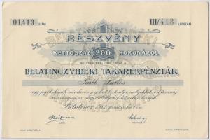 Belatinc 1912. &quot;Belatincz Vidéki Takarékpénztár&quot; részvénye 200K-ról, szárazpecséttel, szelvényekkel T:I-