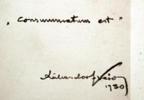 Lühnsdorf Károly (1893-1958): "Elvégeztetett" (János XIX,30), ofszet, papír, jelzett, üveg...