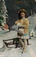 New Year, little girl, sleigh, snowing