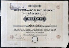 Hódmezővásárhely 1924. &quot;Hódmezővásárhelyi Népbank&quot; részvénye 500K-ról, szelvényekkel, szárazpecséttel, felülbélyegezve T:III