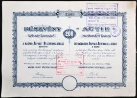 Budapest 1922. A Magyar Asphalt Részvénytársaság részvénye 200K-ról (2x) sorszámkövetők, mindkettő szárazpecséttel, felülbélyegzettek T:I-