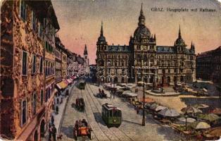 Graz, Hauptplatz, Rathaus / main square, town hall, market, tram (wet damage)