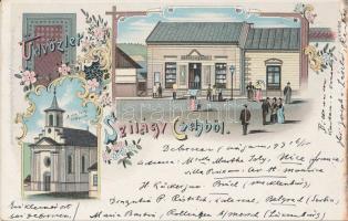 1899 Szilágycseh, Római katolikus templom, Horváth Imre üzlete; egyedül kapható Horváth Imre üzletében / Roman Catholic church, shop, floral Art Nouveau litho