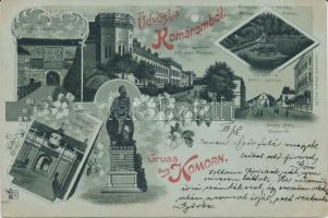 Komárom, Öreg vár, Tiszti pavilon, Klapka tér és szobor, Várkapu; kiadja Spitzer Sándor / castle, pavilion, square and statue, gate, floral Art Nouveau litho (EK)