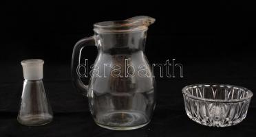 Nagy üveg tétel, jelzések nélkül, összesen 7 db: gazdagon díszített tálka, d: 14,5 cm + kisméretű vi...