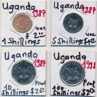 Uganda 1987. 1Sh réz borítású acél + 5Sh acél + 10Sh acél + 1998. 100Sh Cu-Ni T:2,2- Uganda 1987. 1 Shilling Copper plated Steel + 5 Shillings Steel + 10 Shillings Steel + 1998. 100 Shillings Cu-Ni C:XF,VF