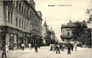 Szeged, Csekonics utca, Eredeti Singer varrógépek üzlete, Bankváltó üzlet, Kék Csillag étterem, kiadja Grünwald Herman