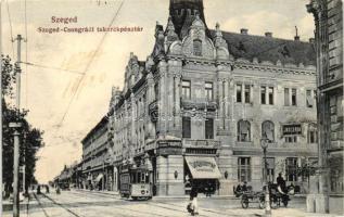 Szeged, Csongrádi Takarékpénztár, gyógyszertár, Dr. Király. K. fogorovos, 22-es villamos, Drogéria; kiadja Bartos Lipót (Rb)