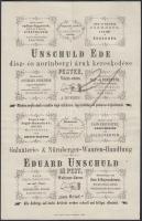 1868 Pest, Unschuld Ede dísz- és norinbergi áruk kereskedésének díszes fejléces számlája