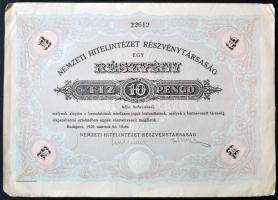 Budapest 1926. &quot;Nemzeti Hitelintézet Részvénytársaság&quot; részvénye 10P-ről, szárazpecséttel, szelvények nélkül T:II-,III