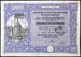 Budapest 1925. &quot;Rimamurány-Salgó-Tarjáni Vasmű Részvény-Társaság&quot; 10 részvénye egyenként 50P-ről szelvényekkel, szárazpecséttel és felülbélyegzésekkel T:II,II-