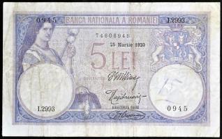 Románia 1920. 5L T:III Romania 1920. 5 Lei C:F