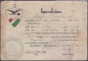 1938 Bp., Az egyetemi önkéntes munkaszolgálat Gyula Vezér 28. számú táborában végzett önkéntes munkaszolgálat teljesítéséről szóló igazolván