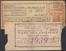 1939-1941 Budapesti Nemzetközi Vásárra szóló 2 db kedvezményes elővételi napi belépőjegy