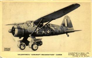 The Westland Lysander II., British army cooperation; Valentine´s ´Aircraft Recognition´ cards, description on backside (non PC) (EK)