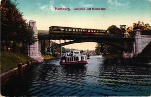 Hamburg, Leinpfad mit Hochbahn / Towpath with high railway, steamship