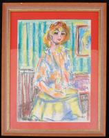 Csatári jelzéssel: Gondolkodó nő, pasztell, papír, paszpartuban, üvegezett fa keretben, 34×24 cm