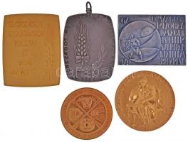 5db klf szocialista emlékérem és plakett mezőgazdasági kiállításokról, közte 1964. "65. Országos Mezőgazdasági Kiállítás és Vásár Budapest 1964. / I. díj" aranyozott fém plakett T:1-,2