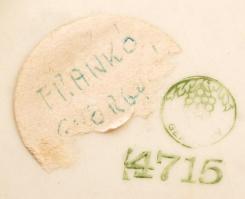 Fém peremű és fülű kínáló, tájképpel díszített fajansz betéttel, hibátlan, 26x17 cm