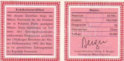 Ausztria / Österreich 500ÖS 1992. Gold 150 Jahre Wiener Philharmoniker 8.1136 gr. (0.986) PP eredeti...