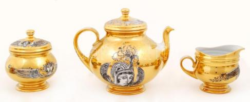 Szász Endre által tervezett Hollóházi porcelán teás készlet: 6 db csésze, d: 10 cm, m: 8,5 cm + alj,...