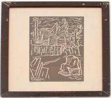 Farkasházy Miklós (1895-1964): Nyomor. Linómetszet, papír, jelzett, üvegezett keretben, 21×24 cm