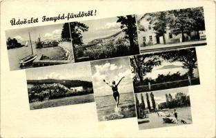 3 db VEGYES magyar városképes lap egy leporelloval; Balaton, Fonyód / 3 mixed Hungarian town-view postcards with one leporellocard; Balaton, Fonyód